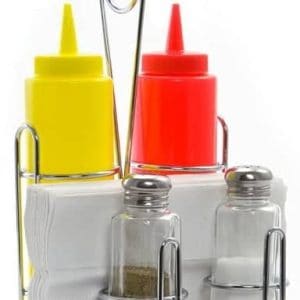 Rack chrome avec distributeur ketchup et moutarde de restaurant americain
