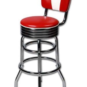 Tabouret de bar americain au design chrome retro et vintage dossier rouge