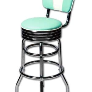 Tabouret de bar americain au design chrome retro et vintage dossier turquoise