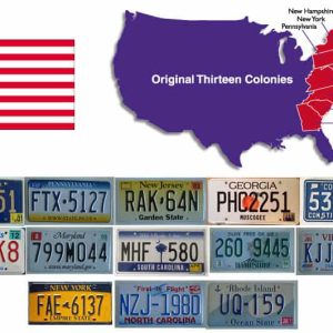 Plaques immatriculations des 13 etats americains ayant constitues les 13 colonnies