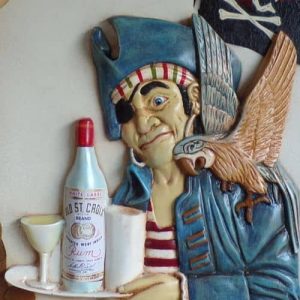 Pirate tenant un plateau avec une bouteille de rhum et avec un perroquet sur l'épaule