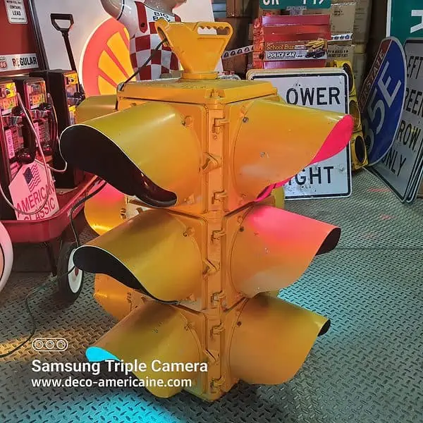 **rare** feu tricolore américain de carrefour à 4 faces câblé avec séquenceur jaune metal sargent sowell 1950's