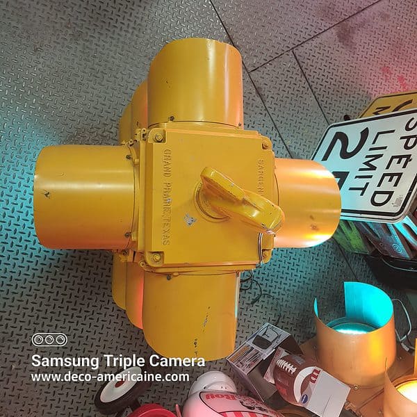 **rare** feu tricolore américain de carrefour à 4 faces câblé avec séquenceur jaune metal sargent sowell 1950's