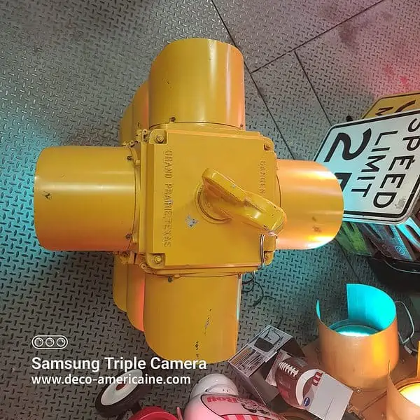 **rare** feu tricolore américain de carrefour à 4 faces câblé avec séquenceur jaune metal sargent sowell 1950's