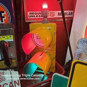 **rare** feu tricolore américain de peage routier câblé avec séquenceur jaune metal 1980's collection