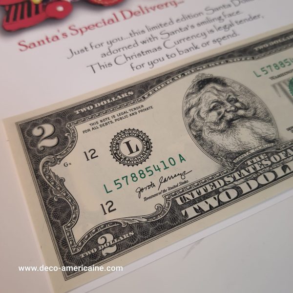 santa dollars billet américain de $2 de collection authentique devise