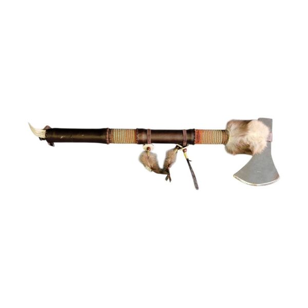 tomahawk "rawhide" 50cm avec perles et plumes native american made usa