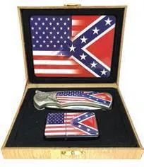 coffret briquet tempête avec couteau et sign usa and confederate flag