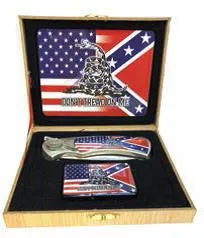 coffret briquet tempête avec couteau et sign usa and confederate flag don't treat on me