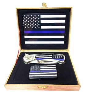 coffret briquet tempête avec couteau et sign police blue line tribute