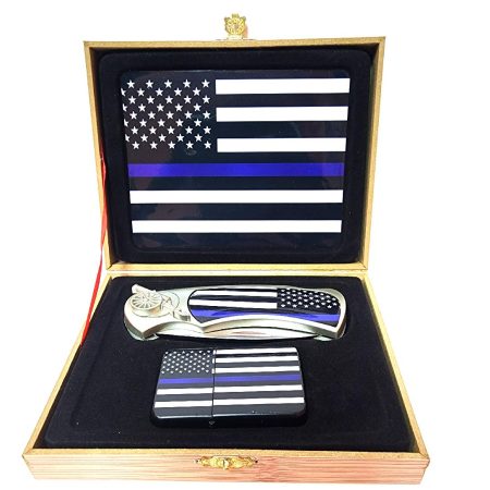 coffret briquet tempête avec couteau et sign police blue line tribute