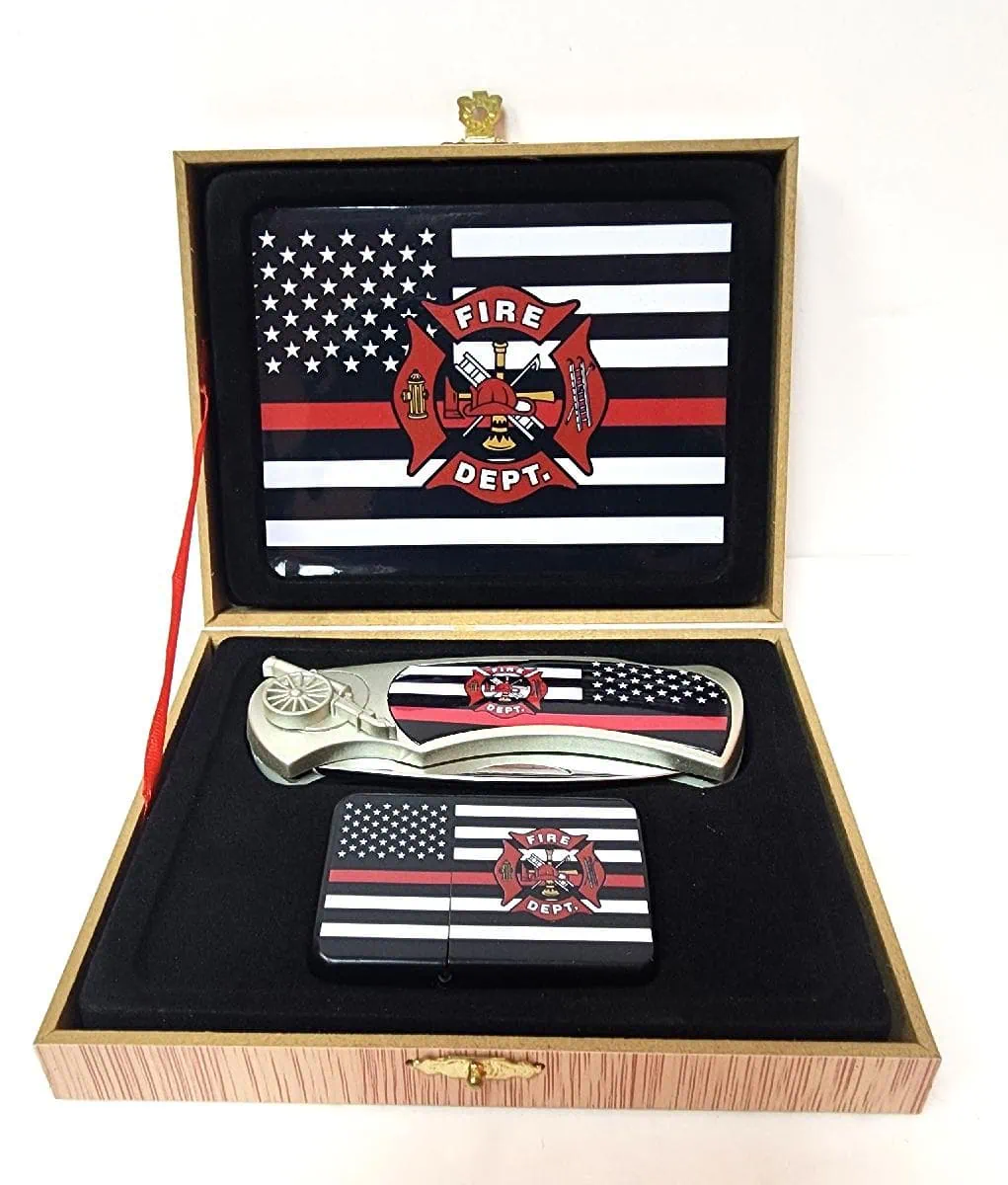 coffret briquet tempête avec couteau et sign police blue line tribute