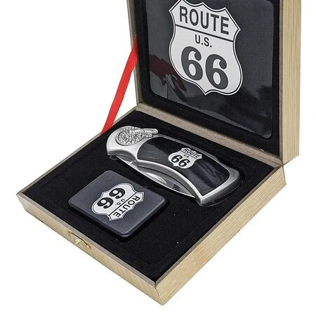 coffret briquet tempête avec couteau et sign route 66 the mother road