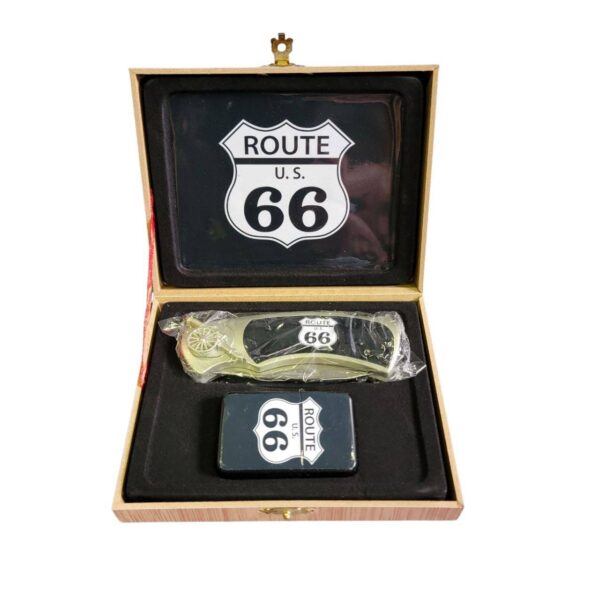 coffret briquet tempête avec couteau et sign route 66 the mother road