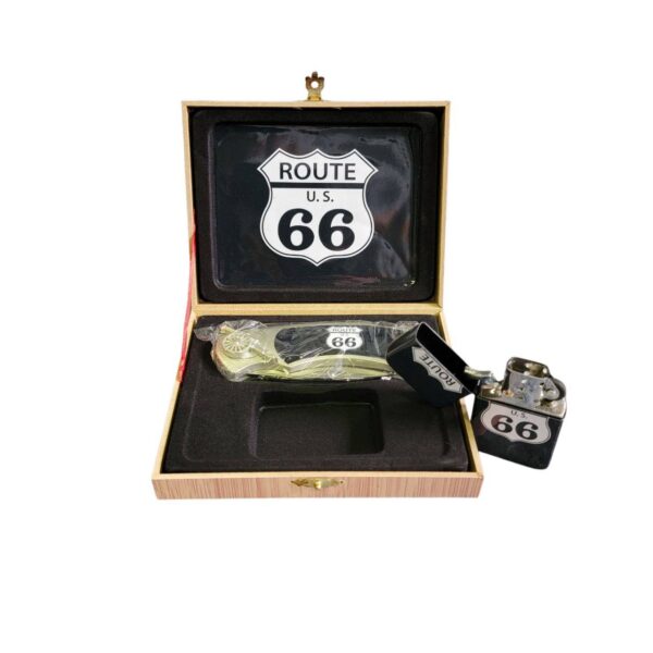 coffret briquet tempête avec couteau et sign route 66 the mother road