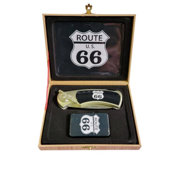 coffret briquet tempête avec couteau et sign route 66 the mother road