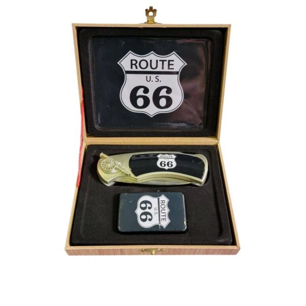 coffret briquet tempête avec couteau et sign route 66 the mother road