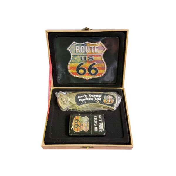 coffret briquet tempête avec couteau et sign route 66 drapeau americain