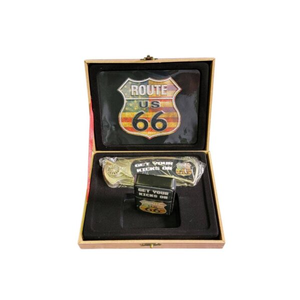 coffret briquet tempête avec couteau et sign route 66 drapeau americain