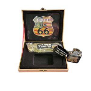 coffret briquet tempête avec couteau et sign route 66 drapeau americain