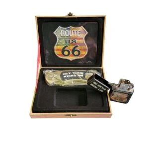 coffret briquet tempête avec couteau et sign route 66 drapeau americain