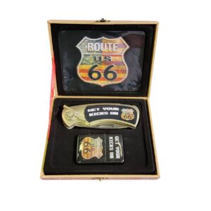 coffret briquet tempête avec couteau et sign route 66 drapeau americain