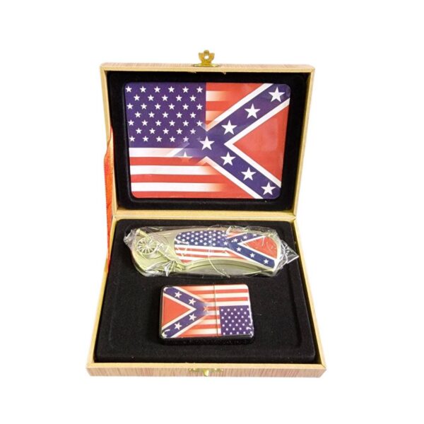 coffret briquet tempête avec couteau et sign usa and confederate flag