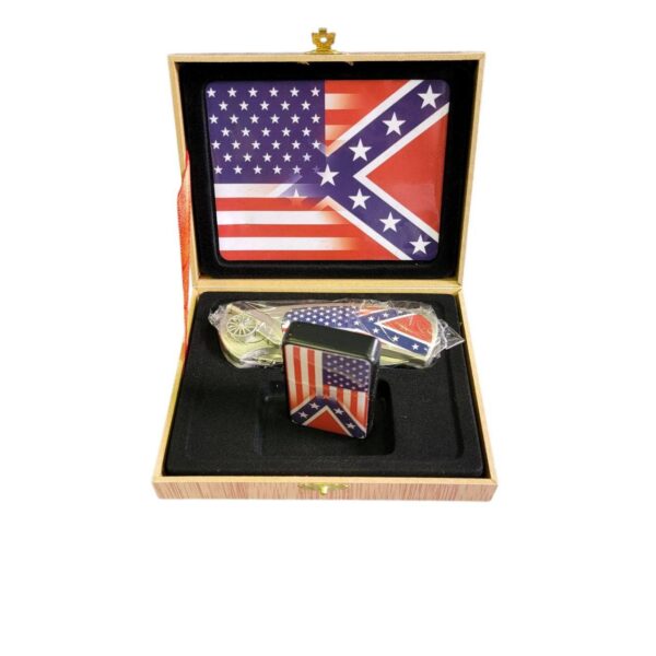 coffret briquet tempête avec couteau et sign usa and confederate flag