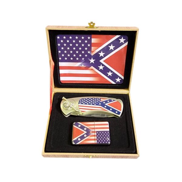coffret briquet tempête avec couteau et sign usa and confederate flag