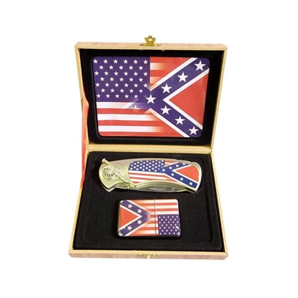 coffret briquet tempête avec couteau et sign usa and confederate flag