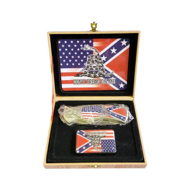 coffret briquet tempête avec couteau et sign usa and confederate flag don't tread on me