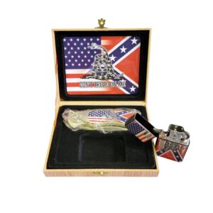 coffret briquet tempête avec couteau et sign usa and confederate flag don't tread on me
