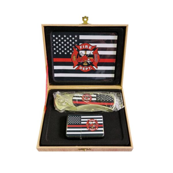 coffret briquet tempête avec couteau et sign pompiers red line tribute
