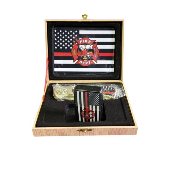 coffret briquet tempête avec couteau et sign pompiers red line tribute