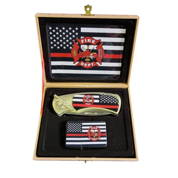 coffret briquet tempête avec couteau et sign pompiers red line tribute