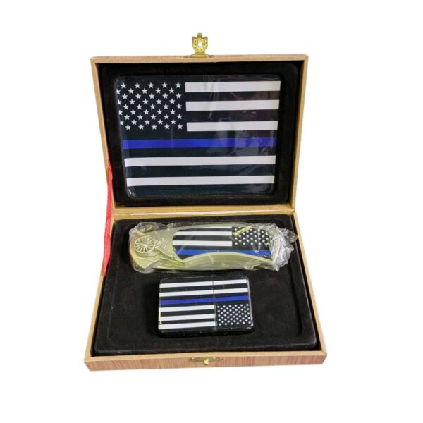 coffret briquet tempête avec couteau et sign police blue line tribute