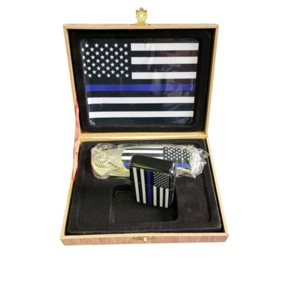 coffret briquet tempête avec couteau et sign police blue line tribute