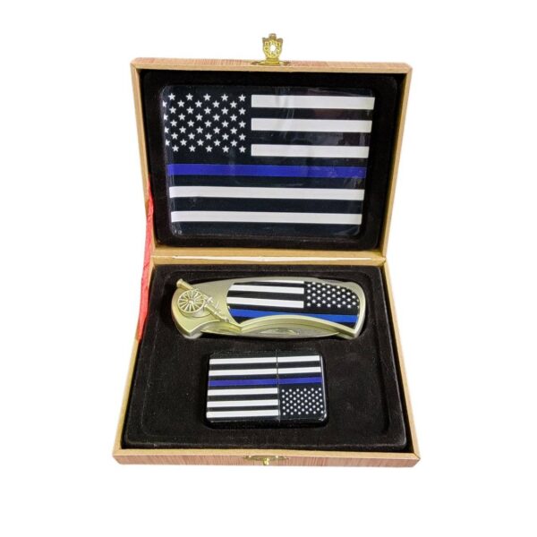 coffret briquet tempête avec couteau et sign police blue line tribute