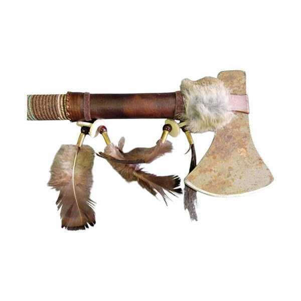 tomahawk "rawhide" 50cm avec perles et plumes native american made usa