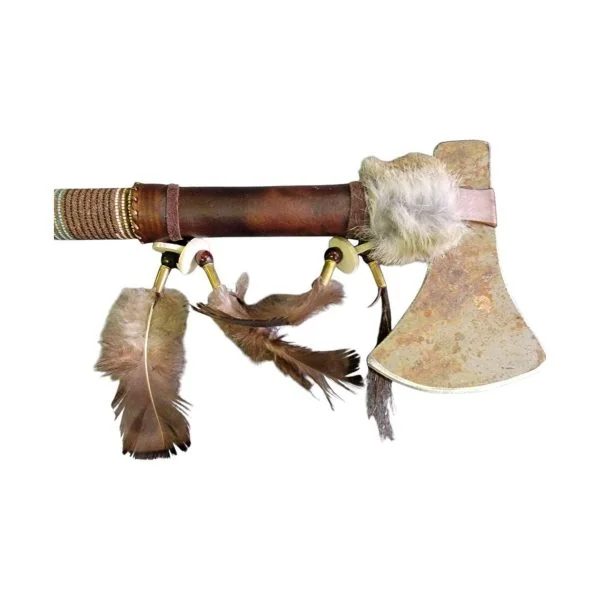 tomahawk "rawhide" 50cm avec perles et plumes native american made usa