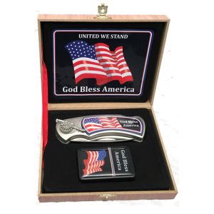 coffret briquet tempête avec couteau et sign wave usa flag "god bless america"