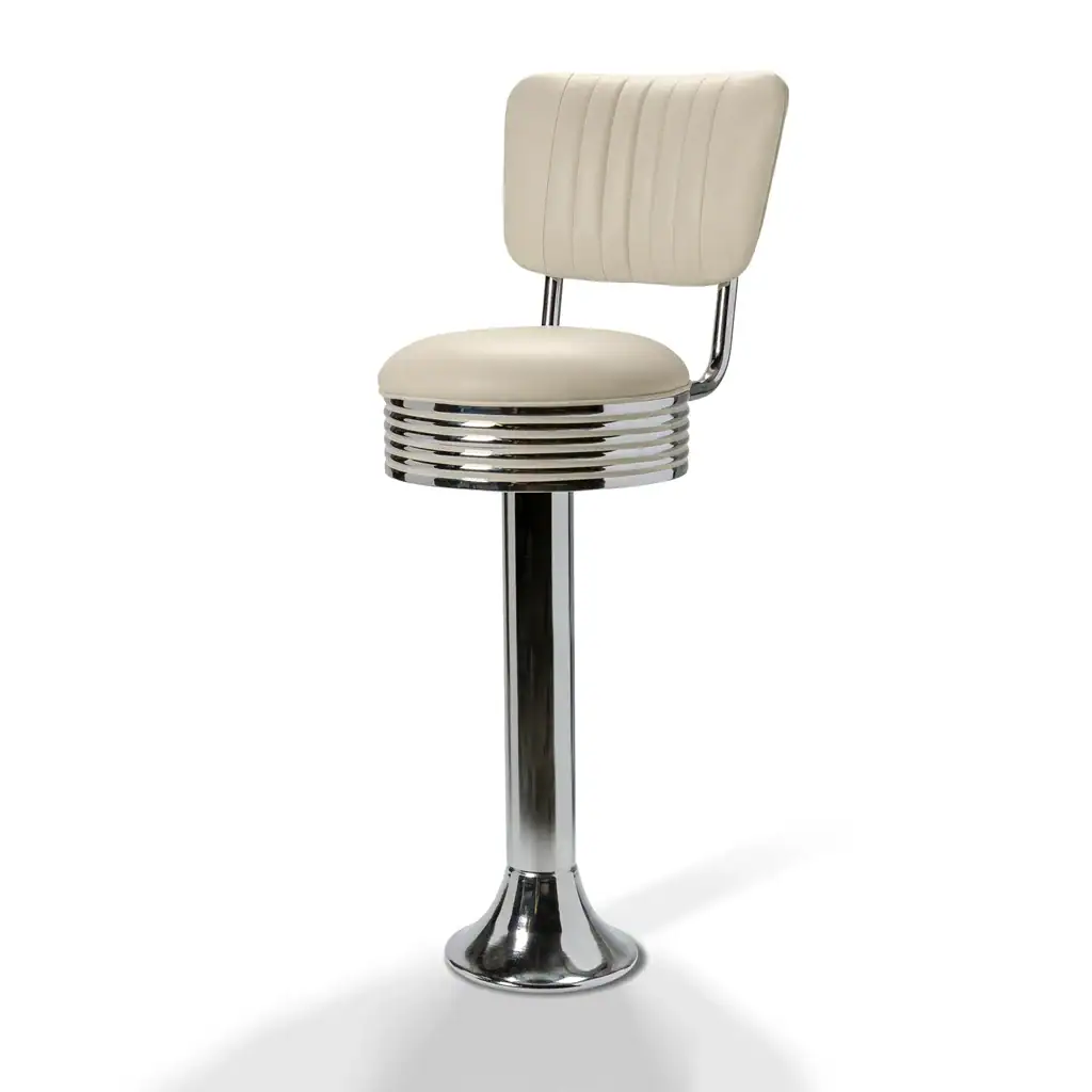 tabouret de diner américain bi colore 50's avec cadre chromé (8 coloris disponibles) fixe au sol et repose pieds (copie)