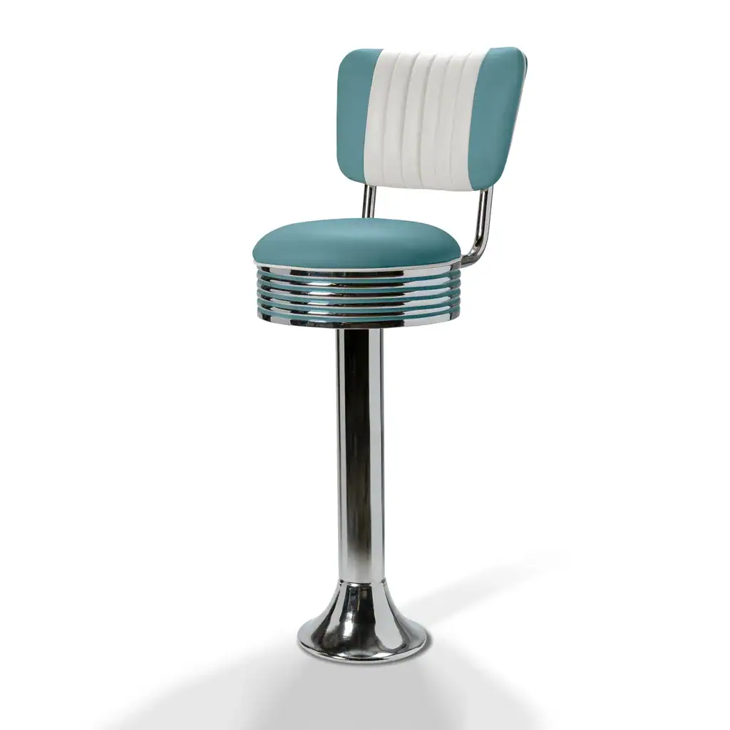 tabouret de diner américain bi colore 50's avec cadre chromé (8 coloris disponibles) fixe au sol et repose pieds (copie)