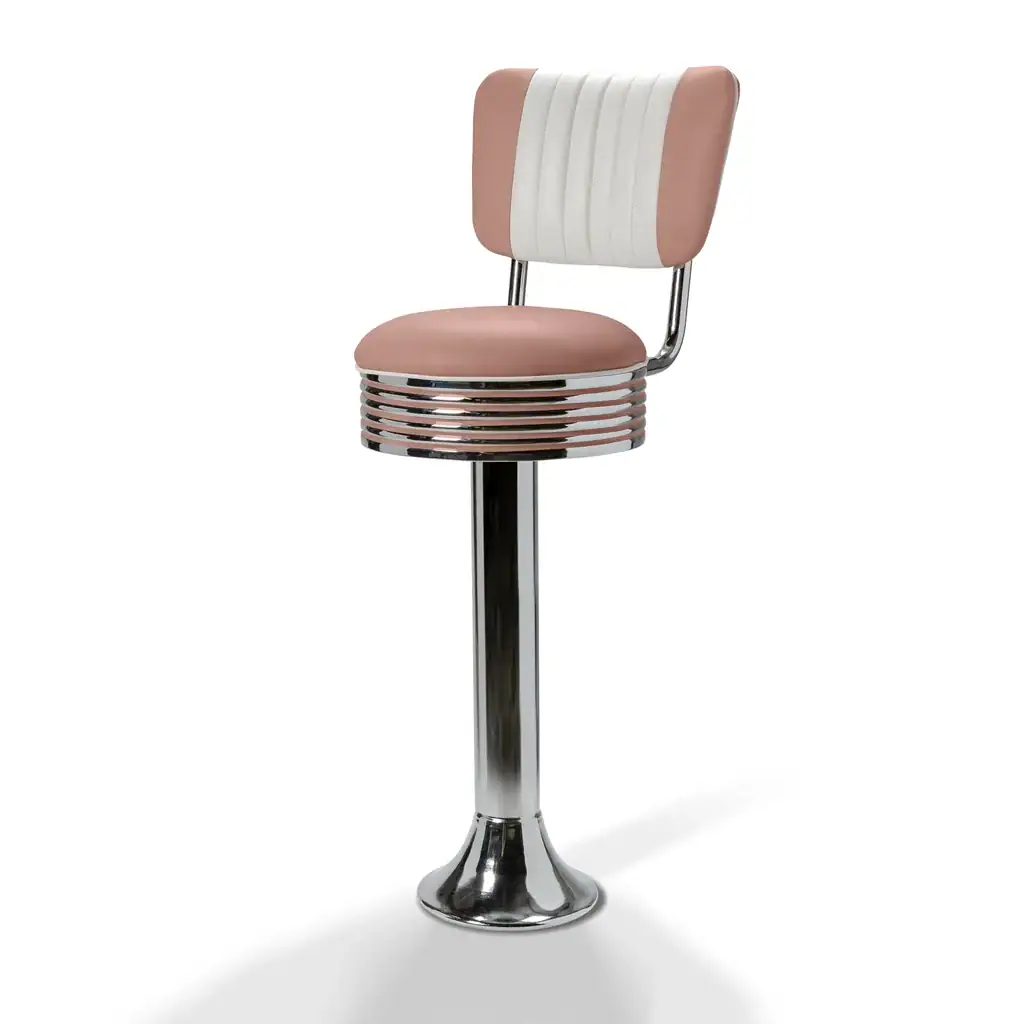 tabouret de diner américain bi colore 50's avec cadre chromé (8 coloris disponibles) fixe au sol et repose pieds (copie)