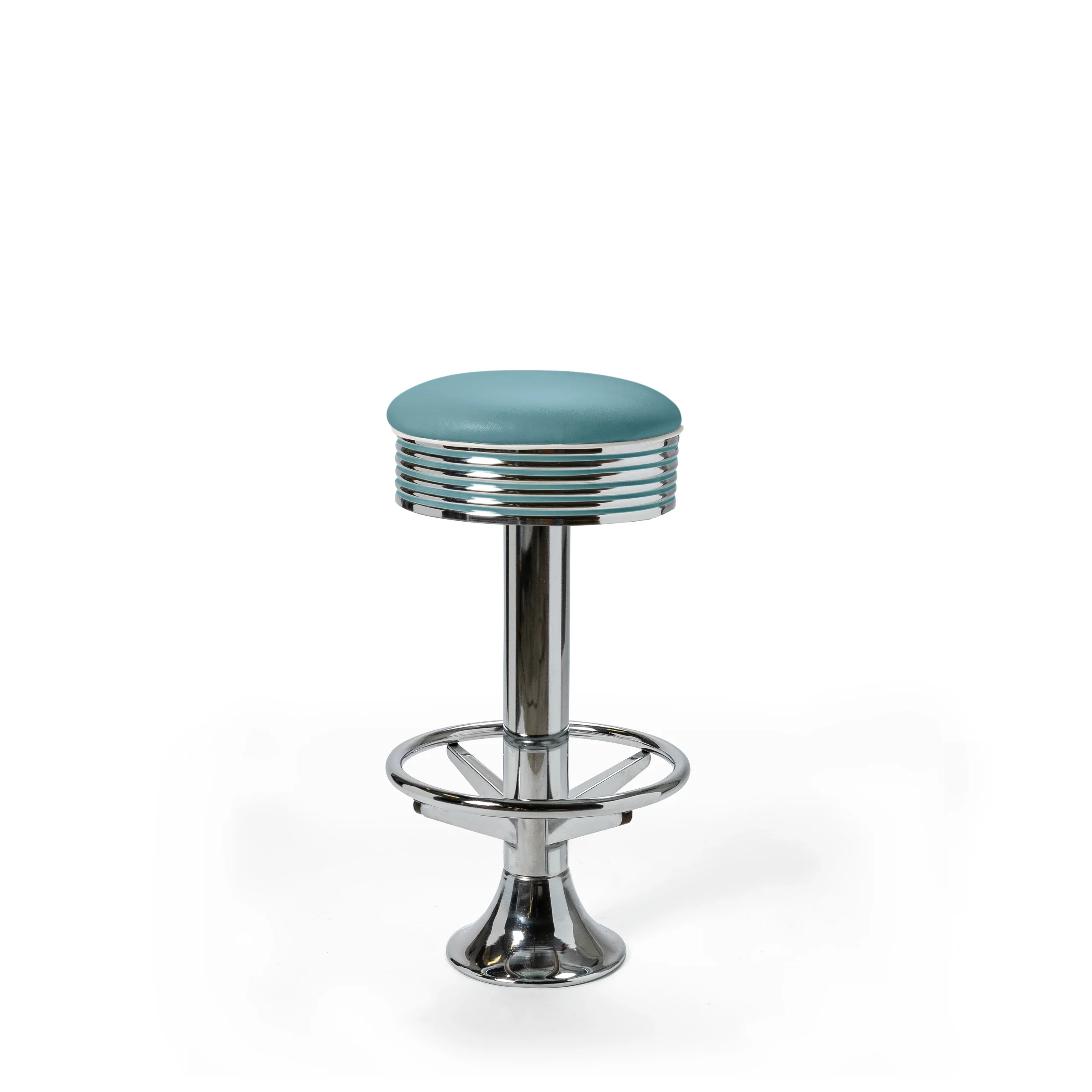 tabouret de diner américain bi colore 50's avec cadre chromé (8 coloris disponibles) fixe au sol et repose pieds
