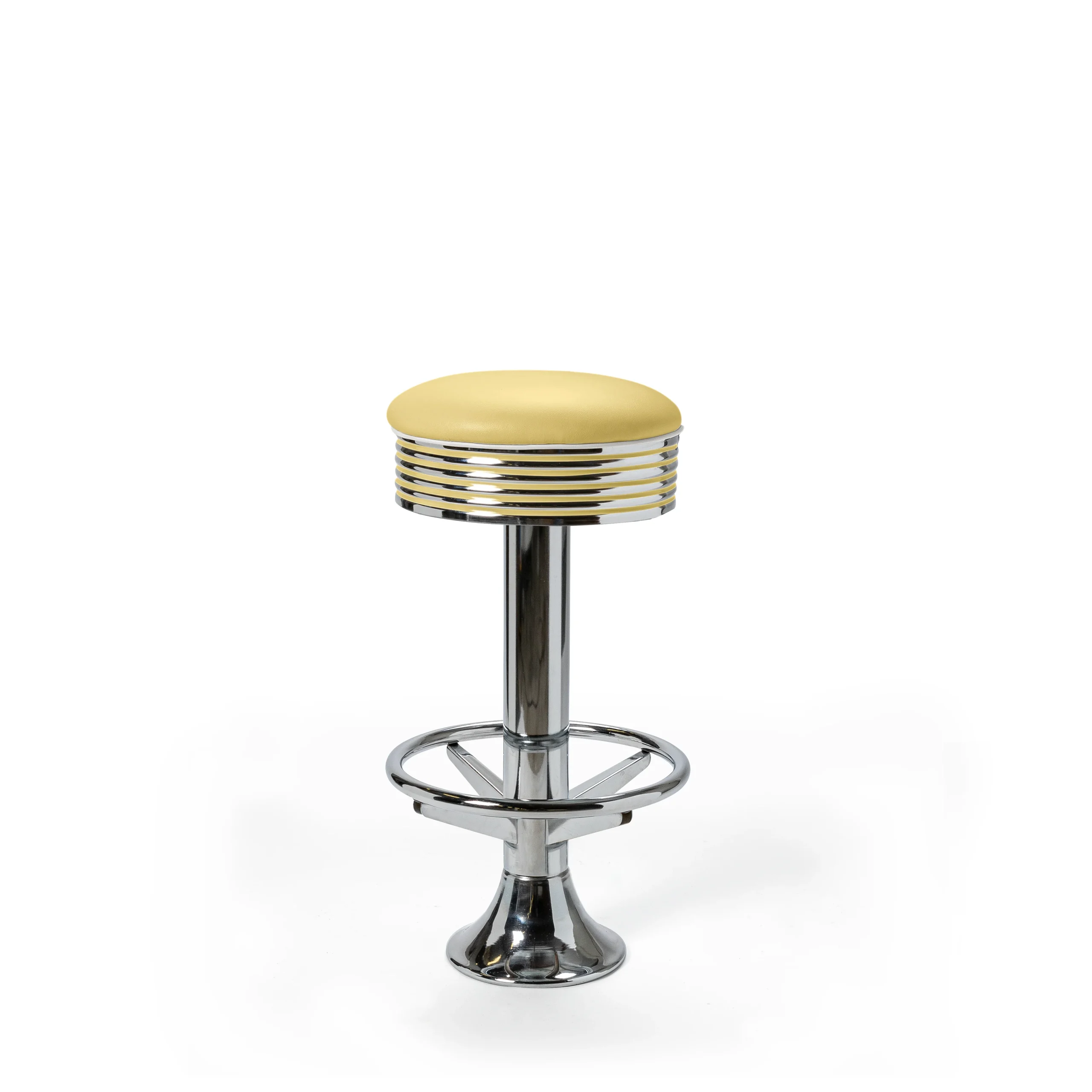 tabouret de diner américain bi colore 50's avec cadre chromé (8 coloris disponibles) fixe au sol et repose pieds