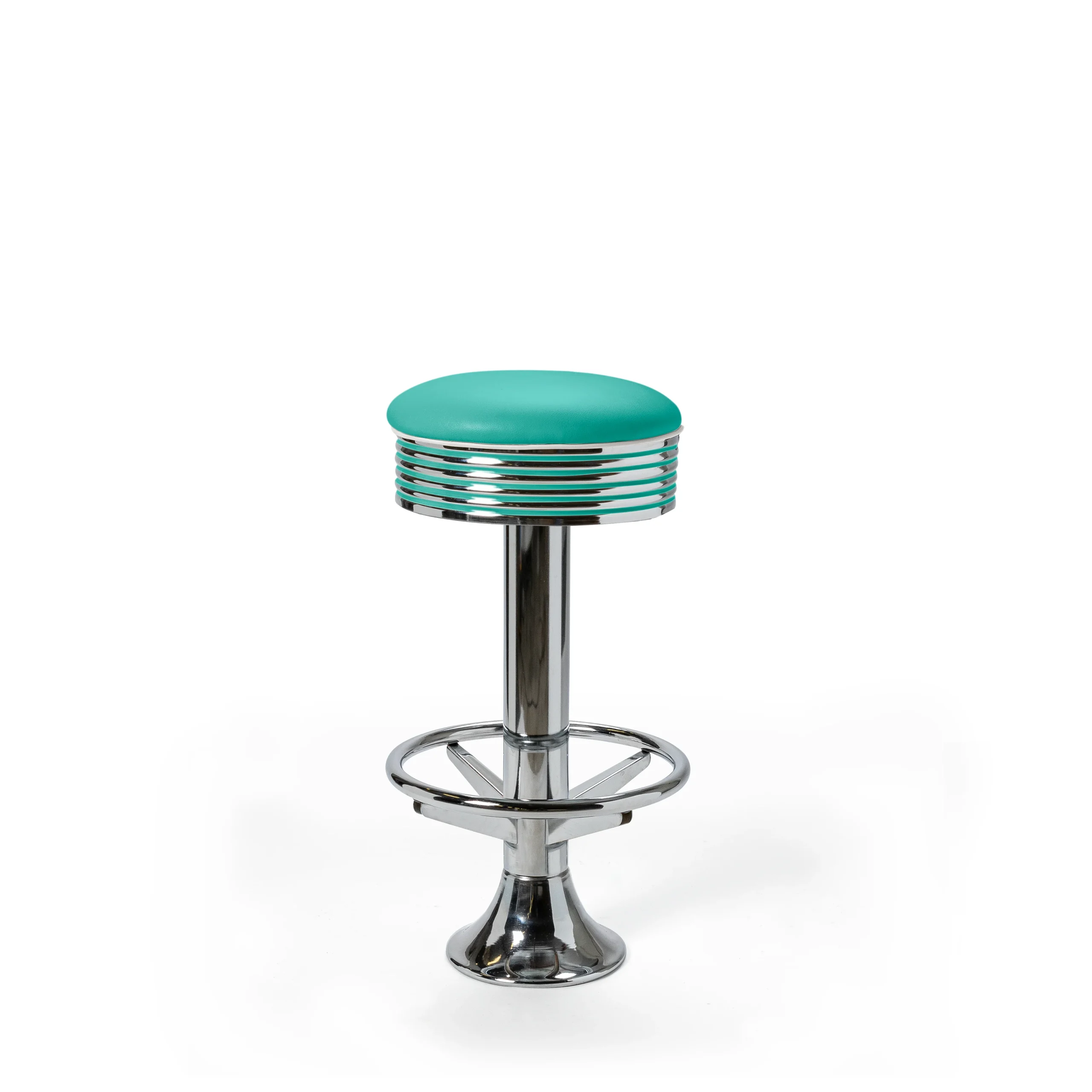 tabouret de diner américain bi colore 50's avec cadre chromé (8 coloris disponibles) fixe au sol et repose pieds