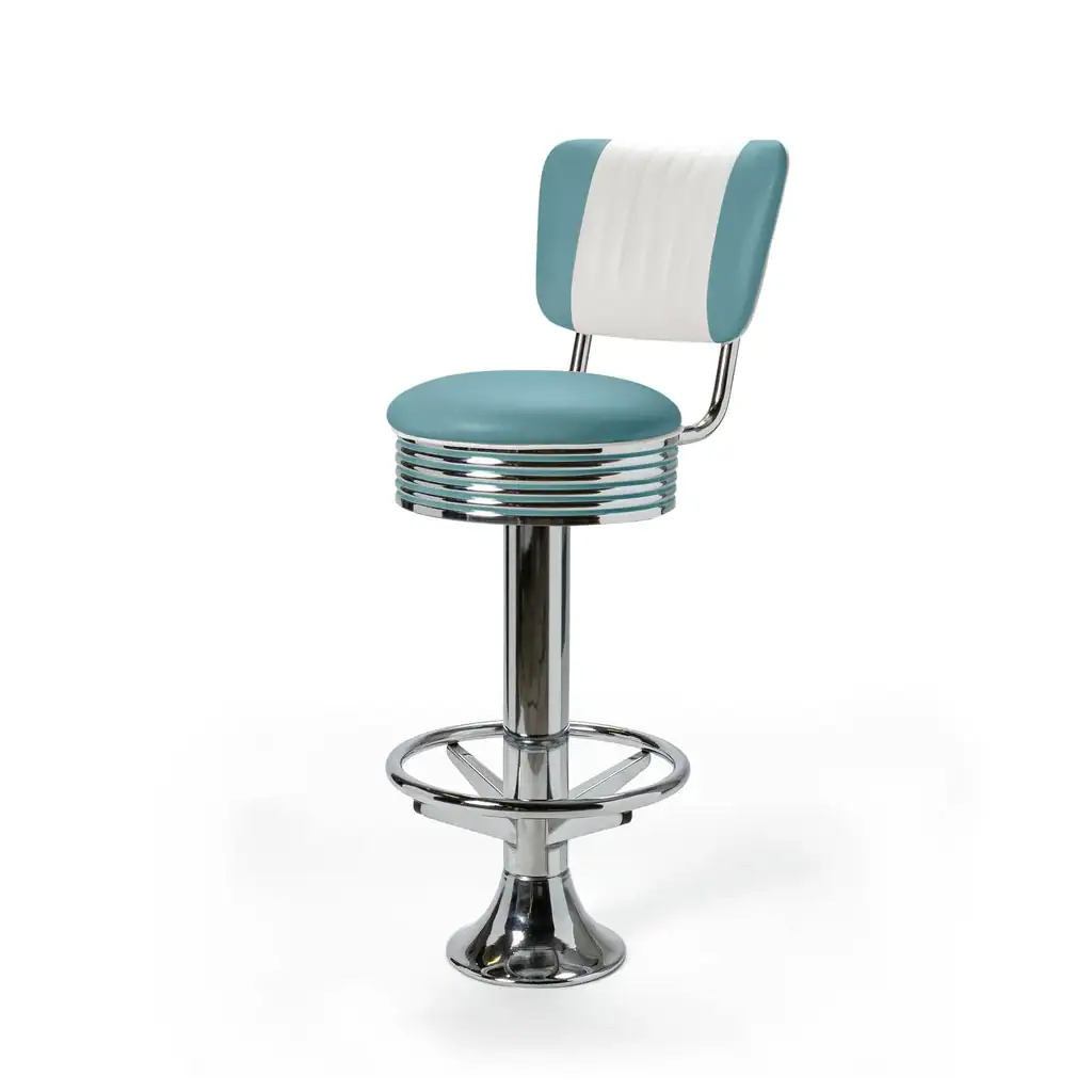 tabouret de diner américain bi colore 50's avec cadre chromé (8 coloris disponibles) fixe au sol et repose pieds