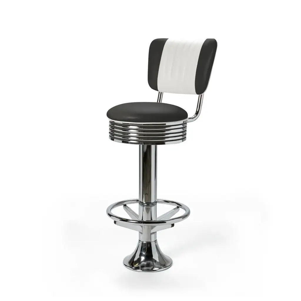 tabouret de diner américain bi colore 50's avec cadre chromé (8 coloris disponibles) fixe au sol et repose pieds