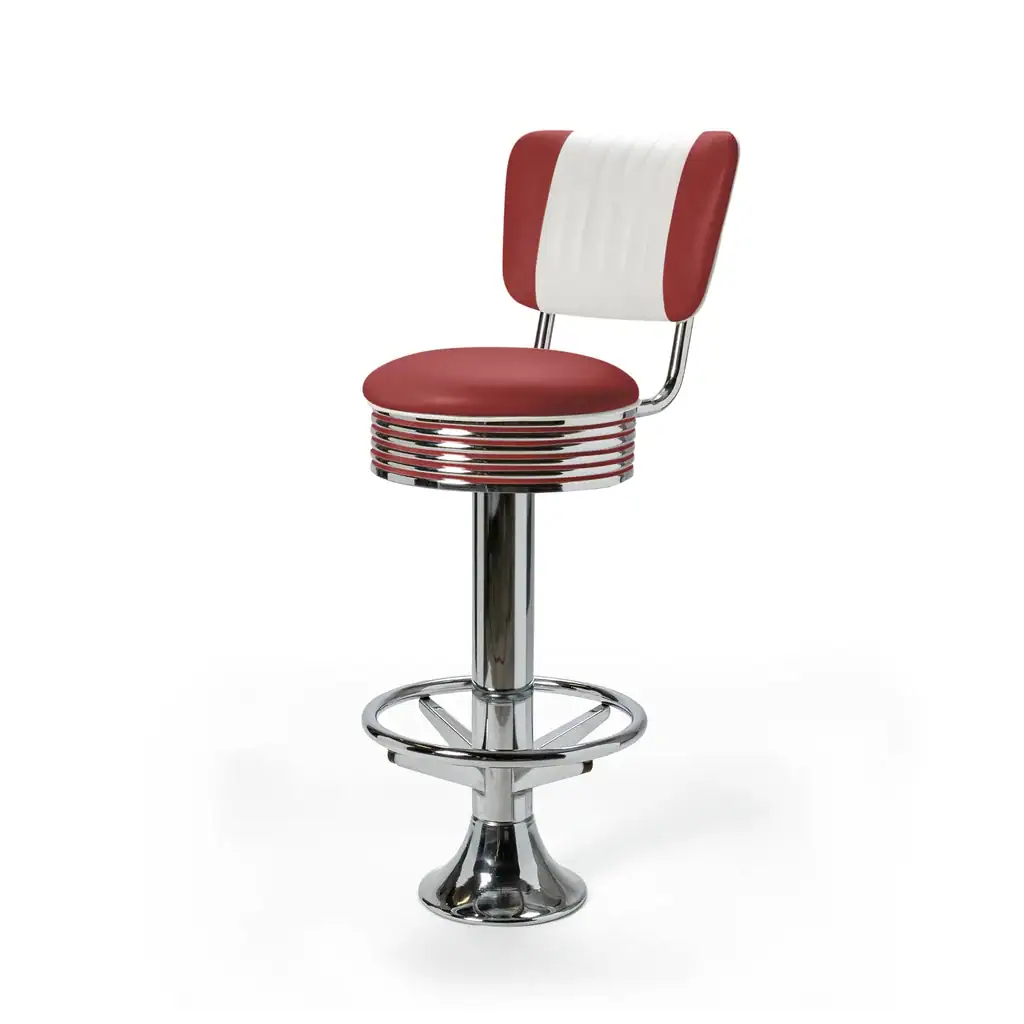 tabouret de diner américain bi colore 50's avec cadre chromé (8 coloris disponibles) fixe au sol et repose pieds